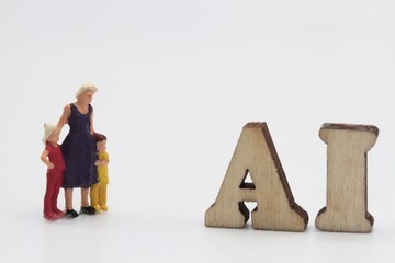 miniature figurines of a mother with her sons in front of artificial intelligence letters