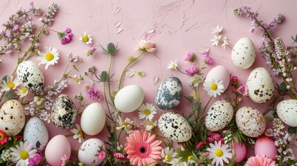Fototapeta na wymiar An Easter floral background featuring a variety of eggs and eggshells adorned with natural botanical elements