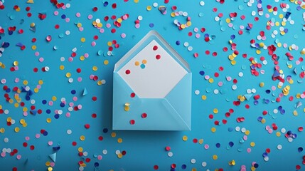 An empty card inside a blue envelope against a blue background adorned with confetti