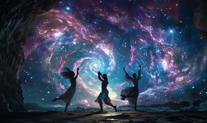 Starlight dancers performing on the astral plane opening a gateway to the shadow realm where dreamwalkers and shapeshifters converge