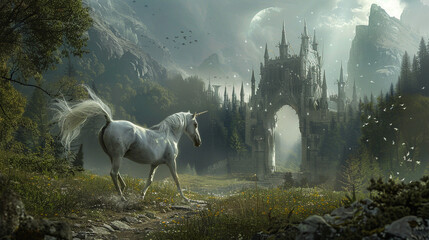 Unicorn galloping towards a mystic portal with the Elven kingdoms spires visible through the gateway - obrazy, fototapety, plakaty
