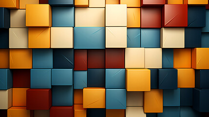 Abstract geometric block wall in warm and cold contrasting colors, abstract geometric background