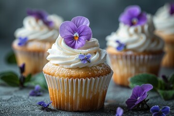 Cupcakes topped with creamy frosting and adorned with violets