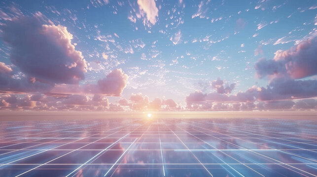 Virtual reality landscape a sparse digital grid under a vast sky conveying boundless virtual possibilities ar 169