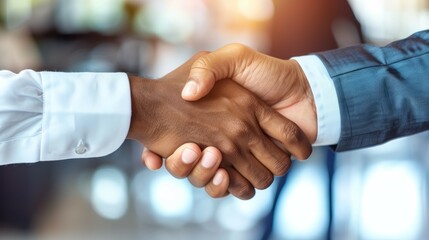 A close-up of a professional handshake between two individuals, symbolizing the successful closing of a business deal or partnership.