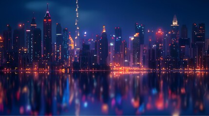 Night city skyline with skyscrapers and lights. 3d rendering
