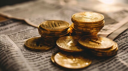 Golden Bitcoin coins stacked on a financial newspaper, illustrating the intersection of cryptocurrency and traditional finance.