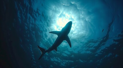 The silhouette of a shark swimming underwater with sunlight beaming through the water's surface, a dramatic and natural ocean scene.