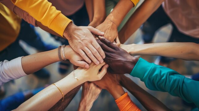 A group of diverse hands joined together in the center, symbolizing unity, teamwork, and collaboration in a multicultural environment.