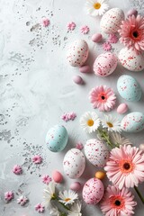 Fototapeta na wymiar Minimalistic bright Easter background with colorful eggs and flowers and plenty of space for text