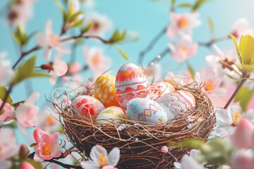 Artfully Decorated Easter Eggs in Blossoming Spring Decor.