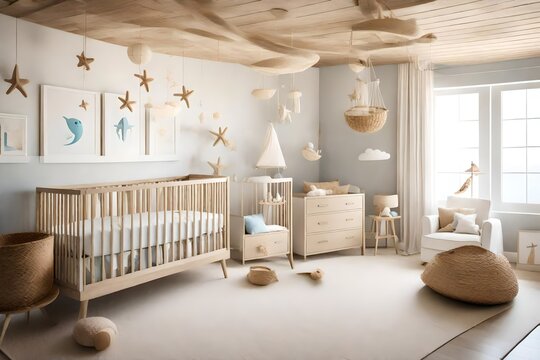 A beach-themed baby nursery with soft sandy tones, nautical decor, and ocean-inspired mobiles. A serene space for a little one to drift off into dreams