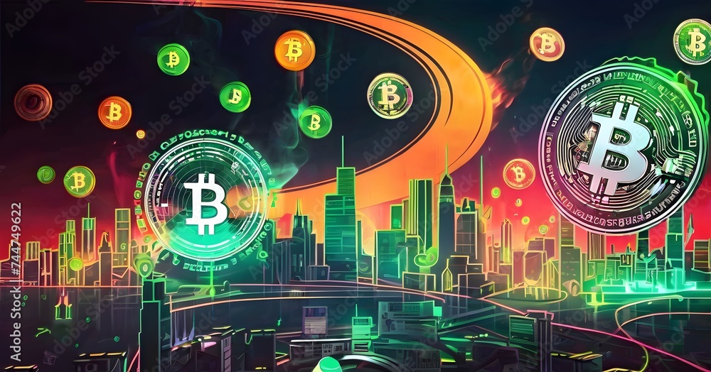 Poster a mesmerizing art display of bitcoins floating in a circle, illuminated by visual effect lighting on