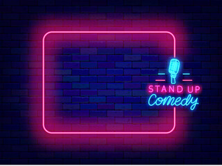 Stand up comedy neon invitation. Comic concert. Greeting card. Empty pink frame and typography. Vector illustration