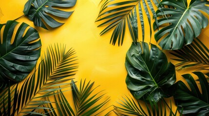 Fototapeta na wymiar Tropical palm leaves arranged in a flat lay summer background with an empty space