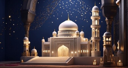Create an ultra-realistic image of a mosque adorned with Ramadan decorations, featuring intricate geometric patterns, elegant drapery, and softly glowing lights that enhance the sacred -Ai Generative - obrazy, fototapety, plakaty