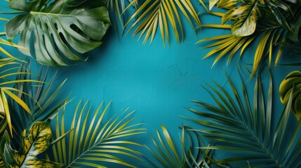 Tropical palm leaves arranged in a flat lay summer background with an empty space