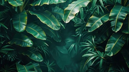 Tropical banana leaf texture with large palm foliage creating a natural dark green background