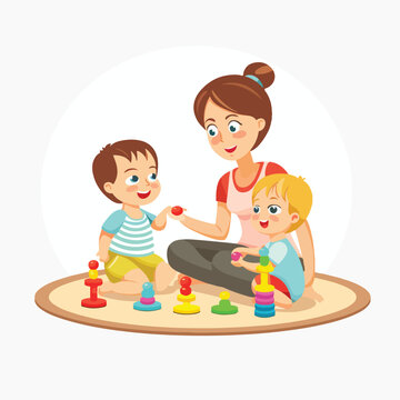 Woman with toddlers sitting on round carpet and play