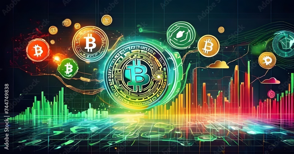 Poster a collection of bitcoins are displayed floating in the air on a vibrant background, creating an arti