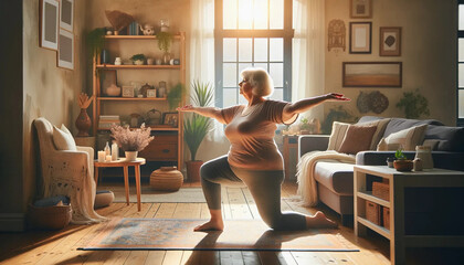 An older, slightly overweight woman is practicing yoga with grace - obrazy, fototapety, plakaty