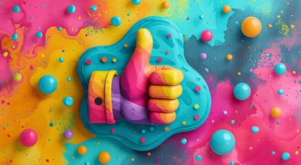 
Hand in bright paint with thumb up. Abstract painting background with approval or like gesture.
Concept: positive assessment, support and optimism in social media