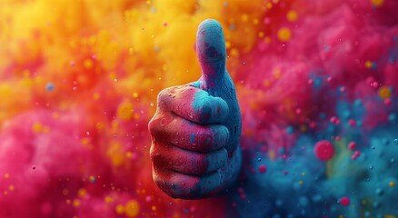 
Hand in bright paint with thumb up. Abstract painting background with approval or like...