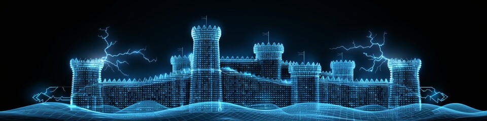 Futuristic digital fortress with neon blue outlines and shimmering lights, symbolizing cyber security and high-tech protection
