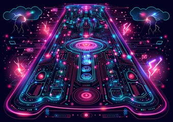 Neon cyberpunk pinball machine layout with vibrant electronics and futuristic design, appealing for arcade games and digital entertainment graphics