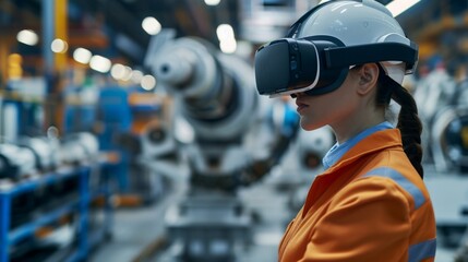 Industrial Engineer in VR Headset Conducting Virtual Machinery Control.