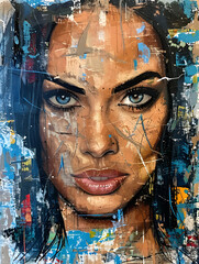 An artistic abstract portrait of a woman with striking blue eyes, set against a backdrop of vibrant graffiti.
