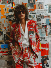 A fashionable young rock singer man in a bold red checked suit and oversized sunglasses poses before a collage of retro magazine pages.
