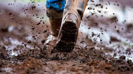 Close-up view of a motocross bike tire aggressively spinning, splashing mud in all directions during an off-road race.
