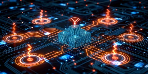 Futuristic Circuit Board Cityscape with Glowing Connections Representing Data Transfer and Digital Networks