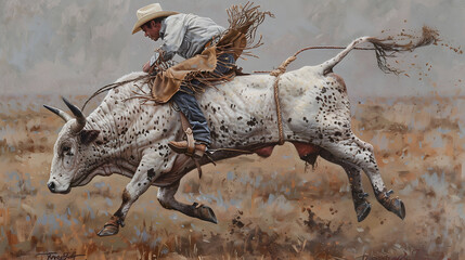 A cowboy expertly rides a bucking bull amidst the dust and rugged terrain, showcasing the raw energy and spirit of rodeo.
