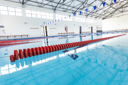 Indoor swimming pool ready for training, with copy space