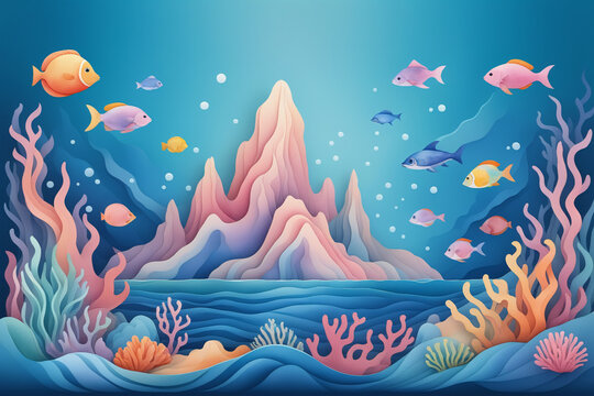 Fishes and coral reefs in undersea ocean world illustration background, watercolor painting style, exploring a beauty of nature for kids, fantasy scene, nursery decor