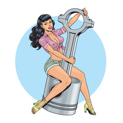 Pin up woman sitting on a piston isolated, car or motorcycle engine repair service vector illustration