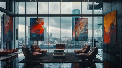 A luxurious corporate lounge area on a high floor, with plush seating, abstract art on the walls, and a stunning view of the city below through massive windows, reflecting high-end corporate life - obrazy, fototapety, plakaty