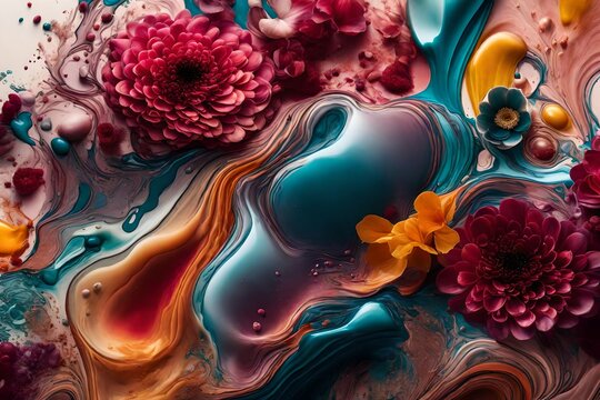 An aesthetically pleasing HD image portraying the graceful interplay of colorful liquids against a contemporary background, accented with subtle and tasteful flower patterns