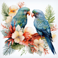 watercolor tropical summer frame with birds flower clipart, Generative Ai