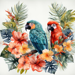 watercolor tropical summer frame with birds flower clipart, Generative Ai