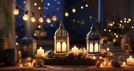 Craft an animated sequence illustrating the transformation of a space through the placement of Ramadan decorations, with ultra-realistic precision capturing the gradual illumination -Ai Generative