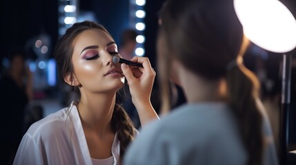 Makeup artist applies applies powder and blush . Beautiful woman face. Hand of make-up master puts blush on cheeks beauty model girl . Make up in process - obrazy, fototapety, plakaty