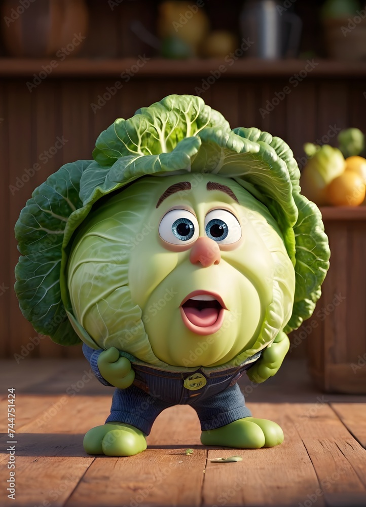 Poster with an expression of surprise, this adorable animated cabbage character adds a playful and friendly