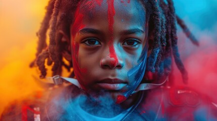  a close up of a child with red and blue paint on it's face and dreadlocks on his head, with a yellow and red and blue background.