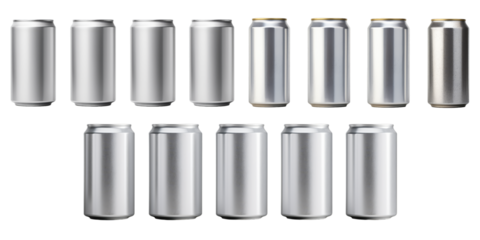 Collection of metal can isolated on a white background as transparent PNG