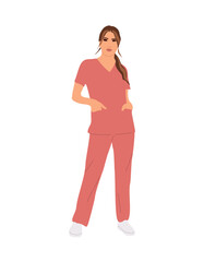 Young attractive nurse. Pretty girl medic worker in peach uniform scrub. Cartoon female character vector realistic illustration isolated on transparent background.