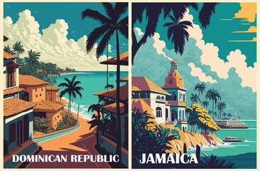 Puerto Plata, Dominican republic, Montego Bay, Jamaica Travel Destination Poster set in retro style. Tropical summer vacation, exotic holidays concept. Vintage vector colorful illustration scene. - obrazy, fototapety, plakaty