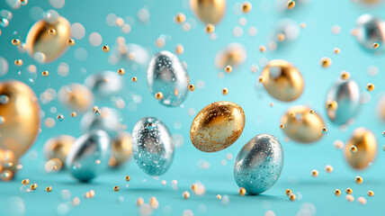 Lots of gold and silver Easter eggs floating on light blue background as if thrown from a basket, with very shallow depth of field, movement and blur. Background or screen saver image.